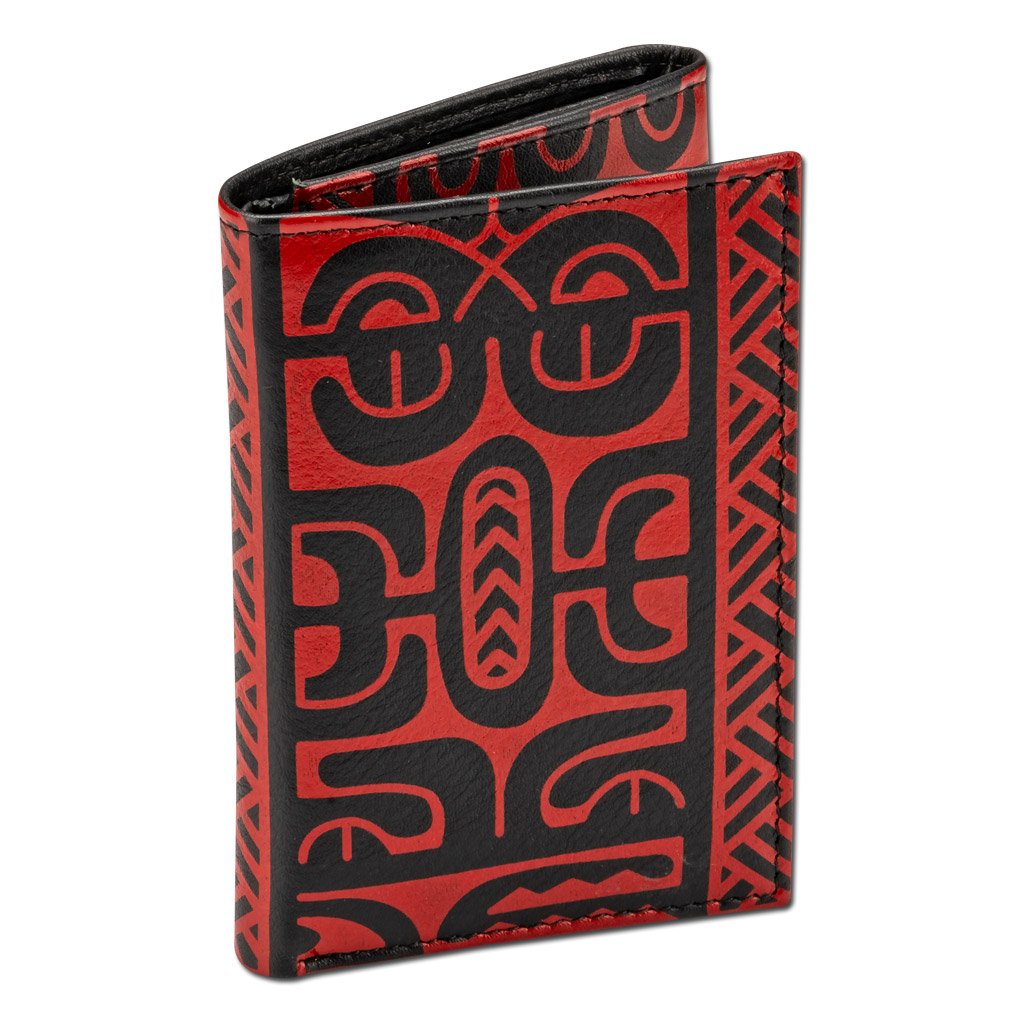 Pop-Up Mākeke - Na Koa - French Polynesian Tattoo Trifold Leather Wallet - Black &amp; Red