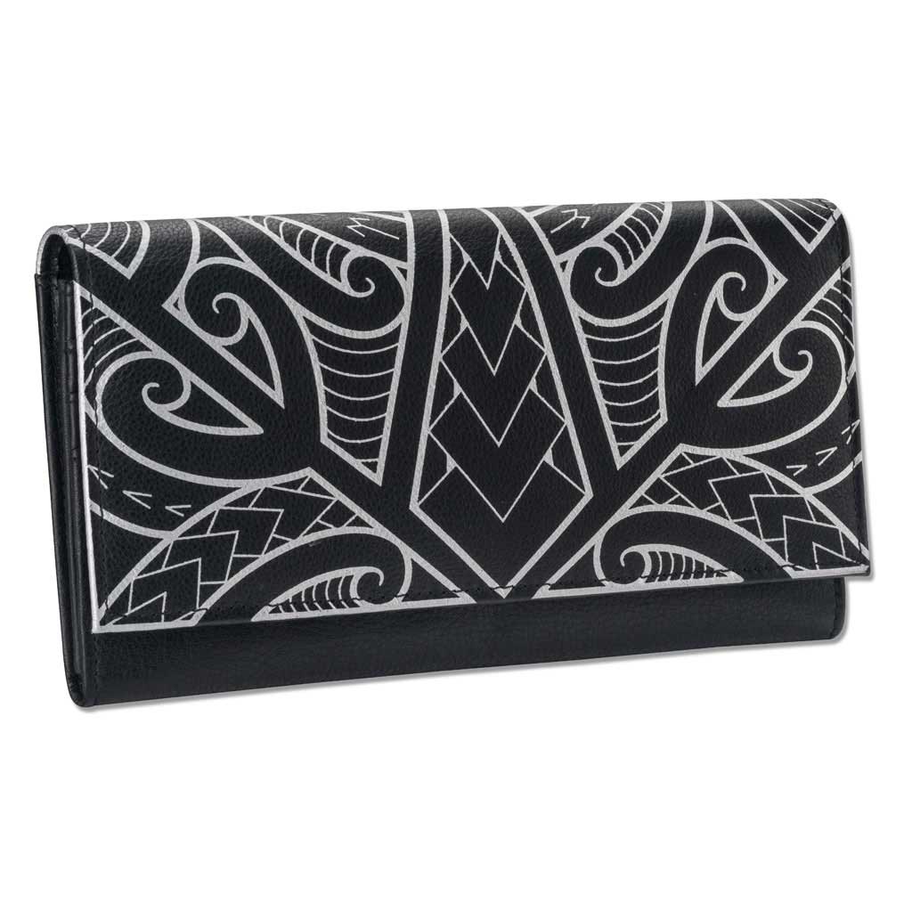 Pop-Up Mākeke - Na Koa - Polynesian Tattoo Clutch Wallet - Black & Silver - Front View