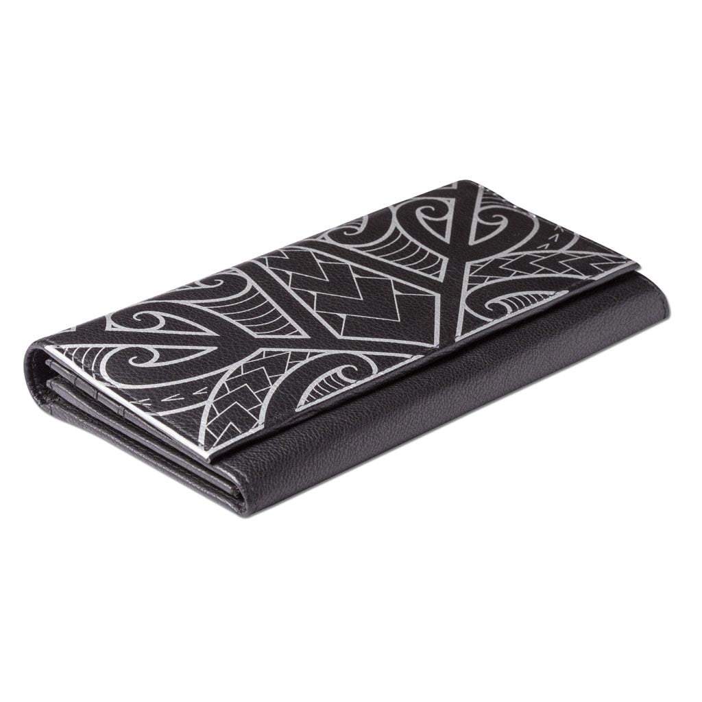 Pop-Up Mākeke - Na Koa - Polynesian Tattoo Clutch Wallet - Black & Silver - Laid Flat