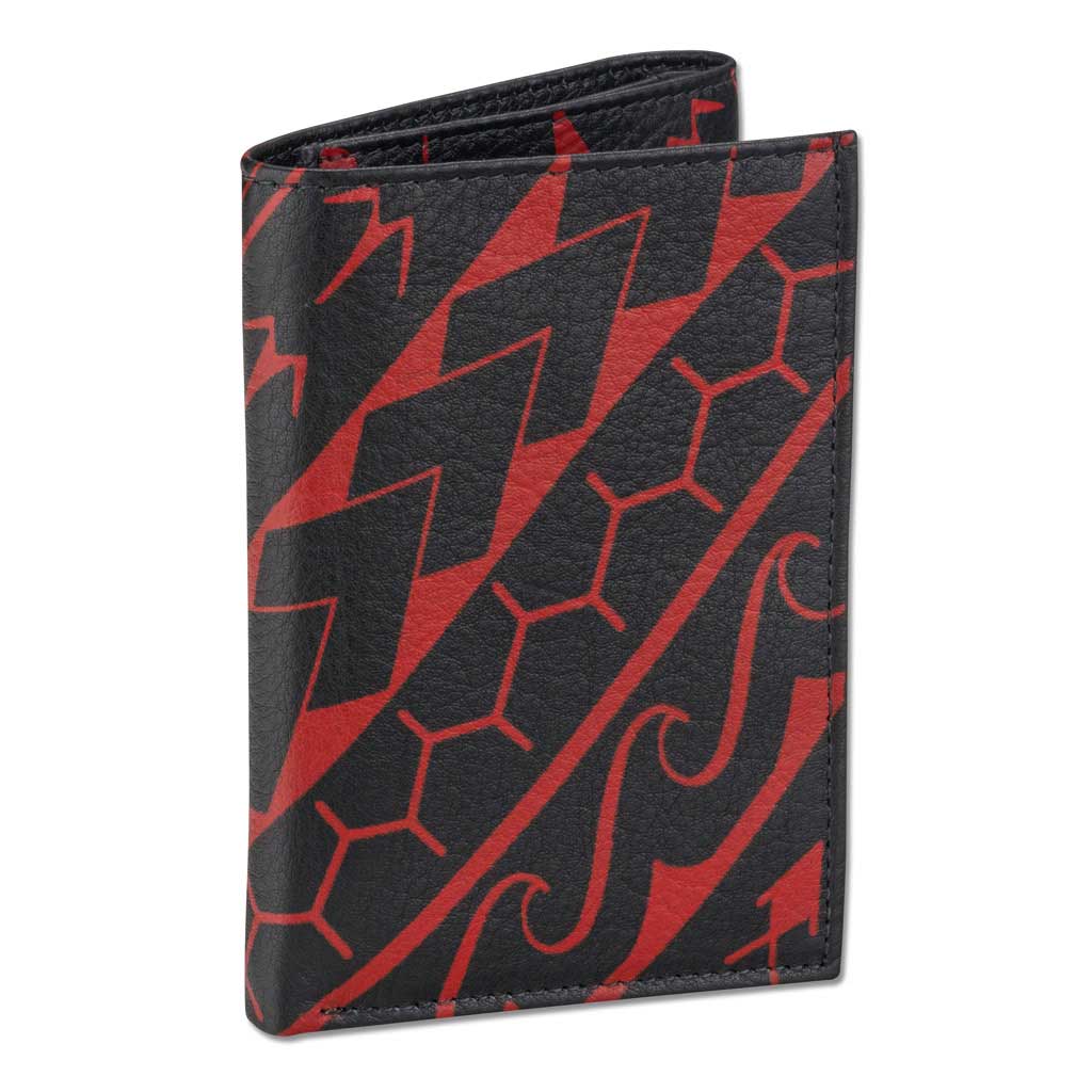 Pop-Up Mākeke - Na Koa -  Polynesian Tattoo Trifold Leather Wallet - Black &amp; Red - Front View