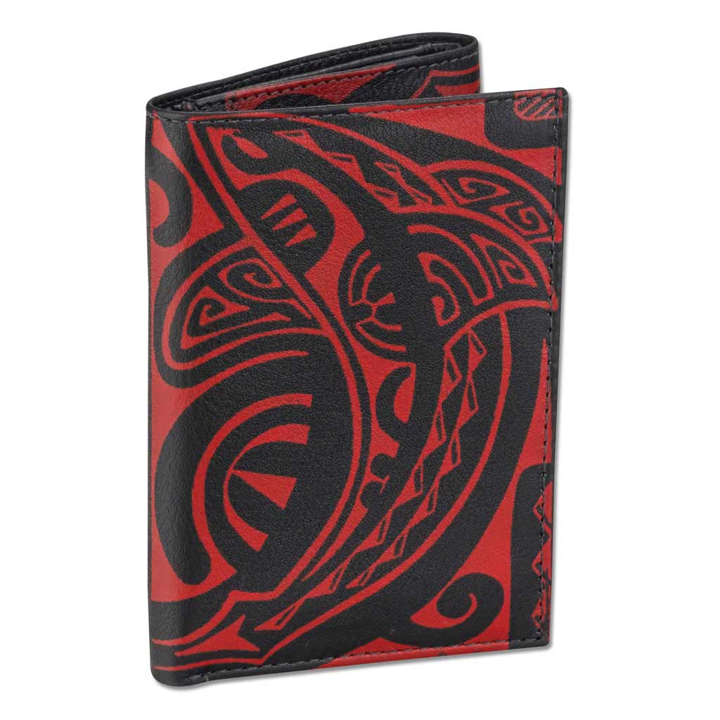 Pop-Up Mākeke - Na Koa - Tahitian Shark Tattoo Trifold Leather Wallet - Black &amp; Red
