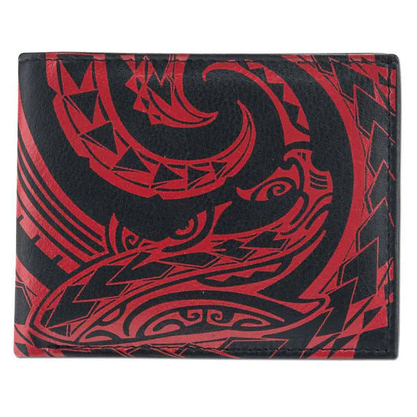 Pop-Up Mākeke - Na Koa - Tribal Shark Tattoo Bifold Leather Wallet - Black &amp; Red