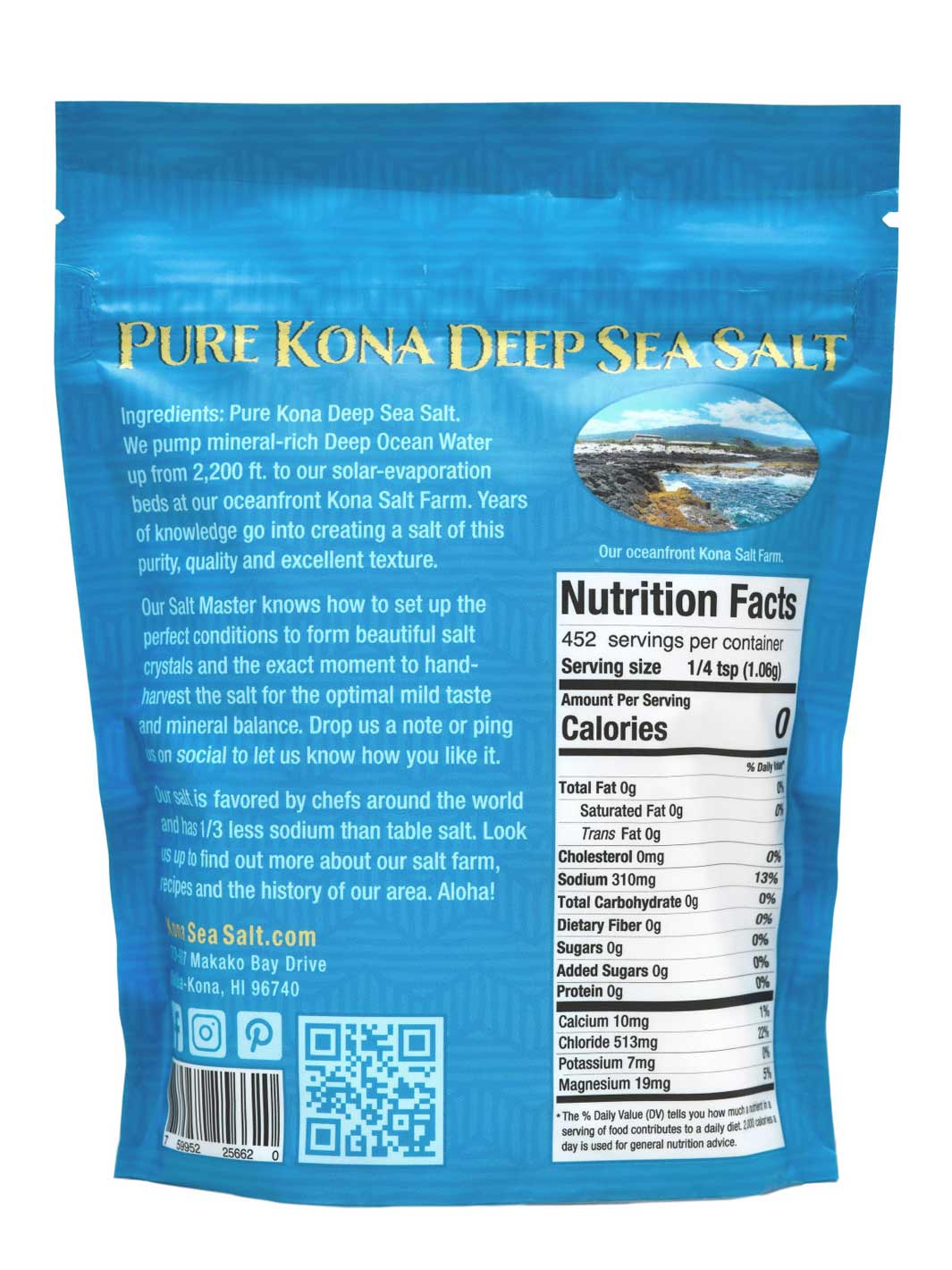 Pop-Up Mākeke - Sea Salts of Hawaii - Pure Kona Grinder Sea Salt Pouch - 1lb - Back View