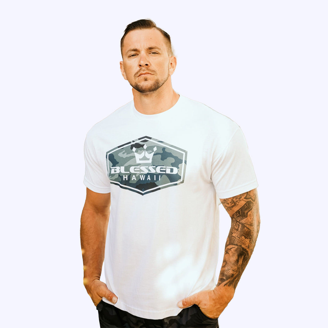 Pop-Up Mākeke - The Blessed Life - Blessed Camo Hex Men&#39;s Short Sleeve T-Shirt - Front View