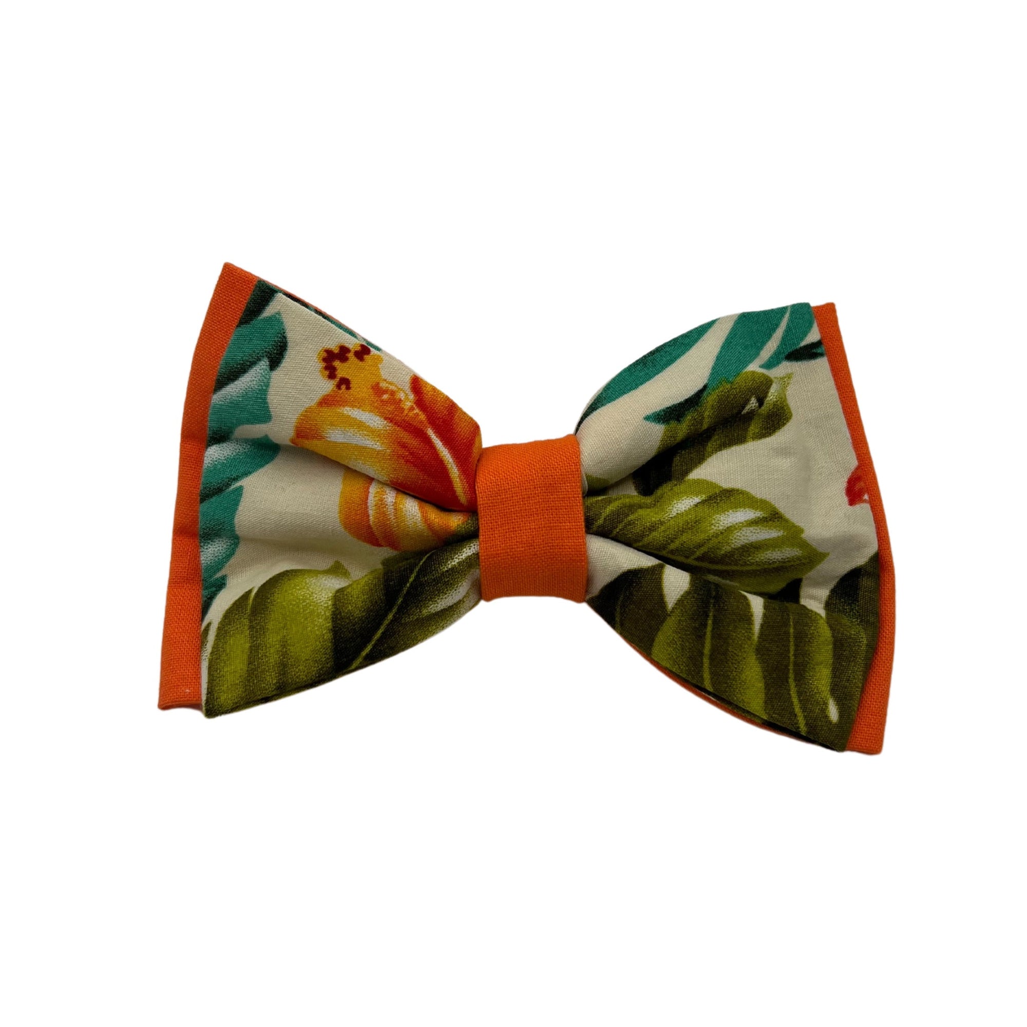 Pop-Up Mākeke - humBOWbarks Pet Wear - Medium Double Bow Tie - Orange Hibiscus - Front View