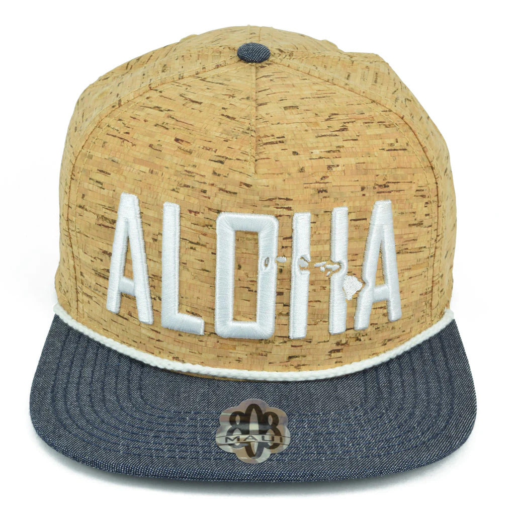 Pop-Up Mākeke - 808 Clothing - Aloha with Islands 3D Flat Bill Hat - Cork &amp; Blue Denim - Front View