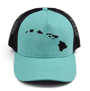 Pop-Up Mākeke - 808 Clothing - Hawaiian Islands Trucker Hat in Heather Seafoam & Black - Front View