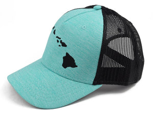 Pop-Up Mākeke - 808 Clothing - Hawaiian Islands Trucker Hat in Heather Seafoam & Black - Side View