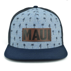 Maui Palm Tree Leather Patch Hat - Light Blue & Navy