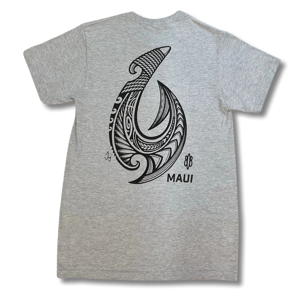 Pop-Up Mākeke - 808 Clothing - Tribal Makau (Hook) Short Sleeve T-Shirt in Heather Gray - Back View