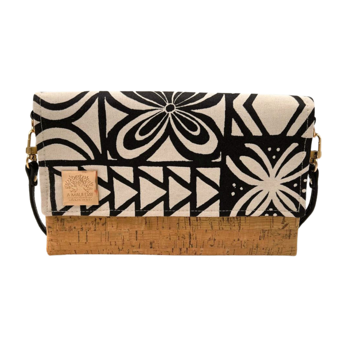 Pop-Up Mākeke - A Maui Day Original Handbags - Handprinted Fold-Over Handbag - Black Kapa on Canvas - Front View