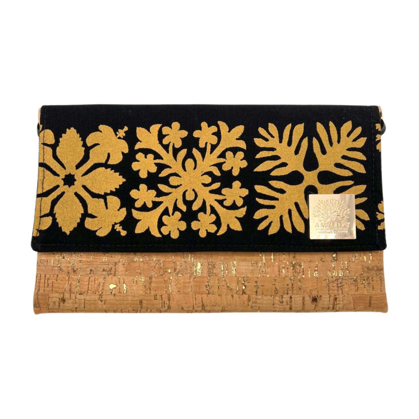 Pop-Up Mākeke - A Maui Day Original Handbags - Handprinted Fold-Over Handbag - Gold Quilt on Black Canvas - Front  View