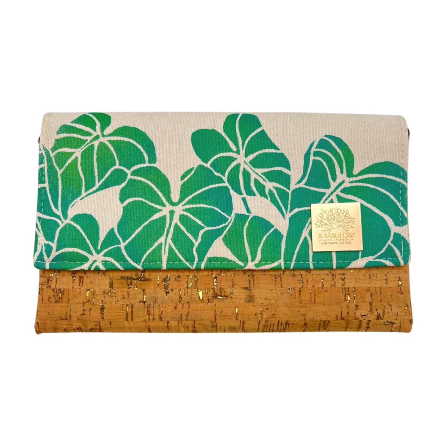 Pop-Up Mākeke - A Maui Day Original Handbags - Handprinted Fold-Over Handbag - Green Kalo on Canvas - Front View - Front View