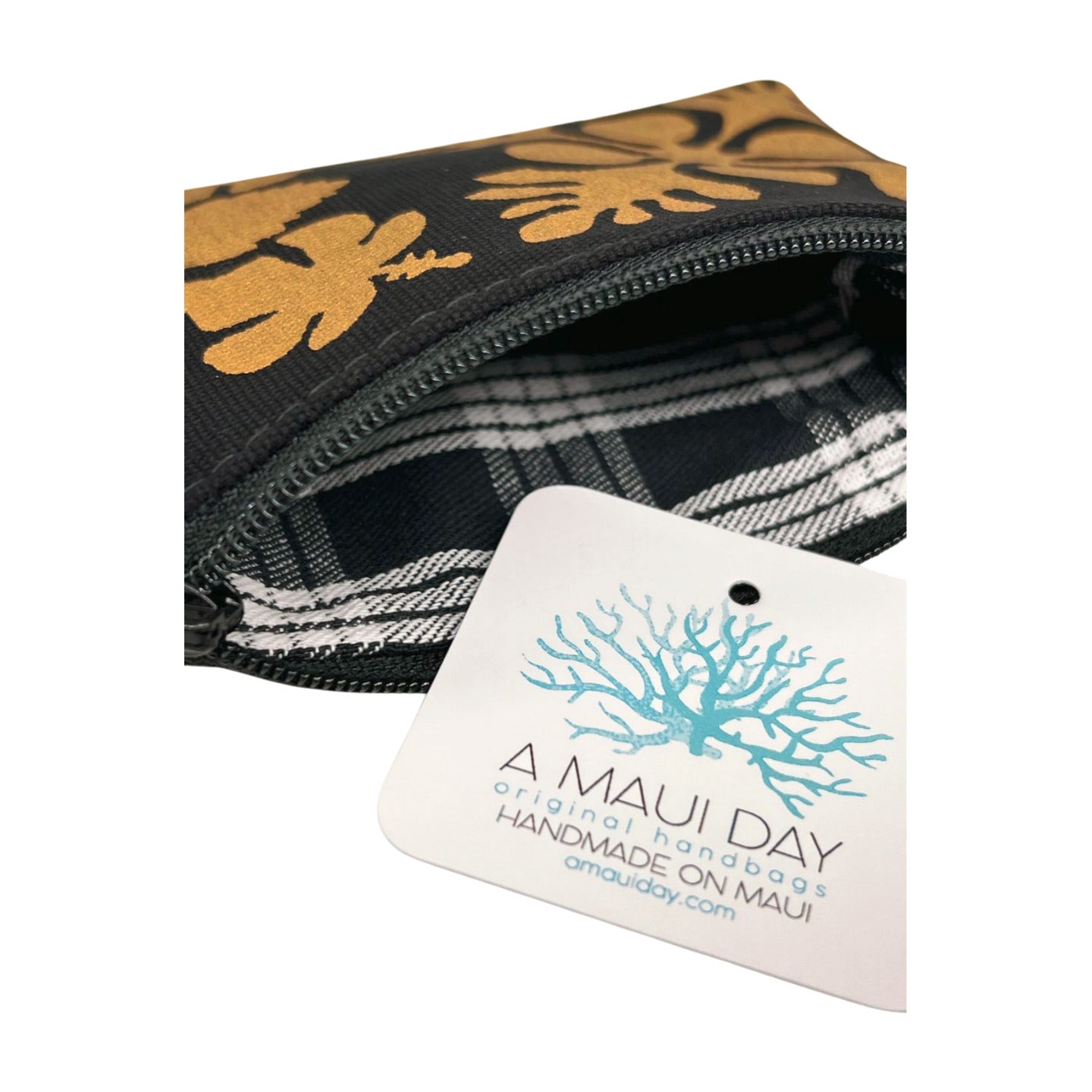 Pop-Up Mākeke - A Maui Day Original Handbags - Handprinted Mini Handbag - Gold Quilt on Black Canvas - Inside