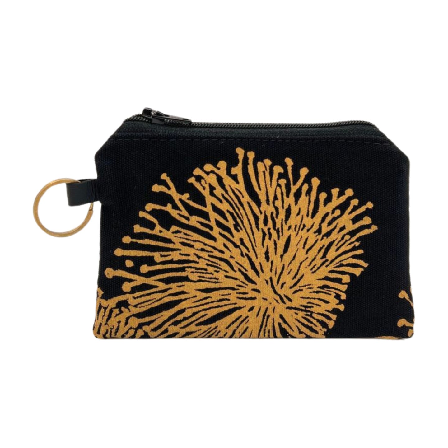 Pop-Up Mākeke - A Maui Day Original Handbags - Handprinted Mini Handbag - Gold ‘Ohi’a on Black Canvas - Front View