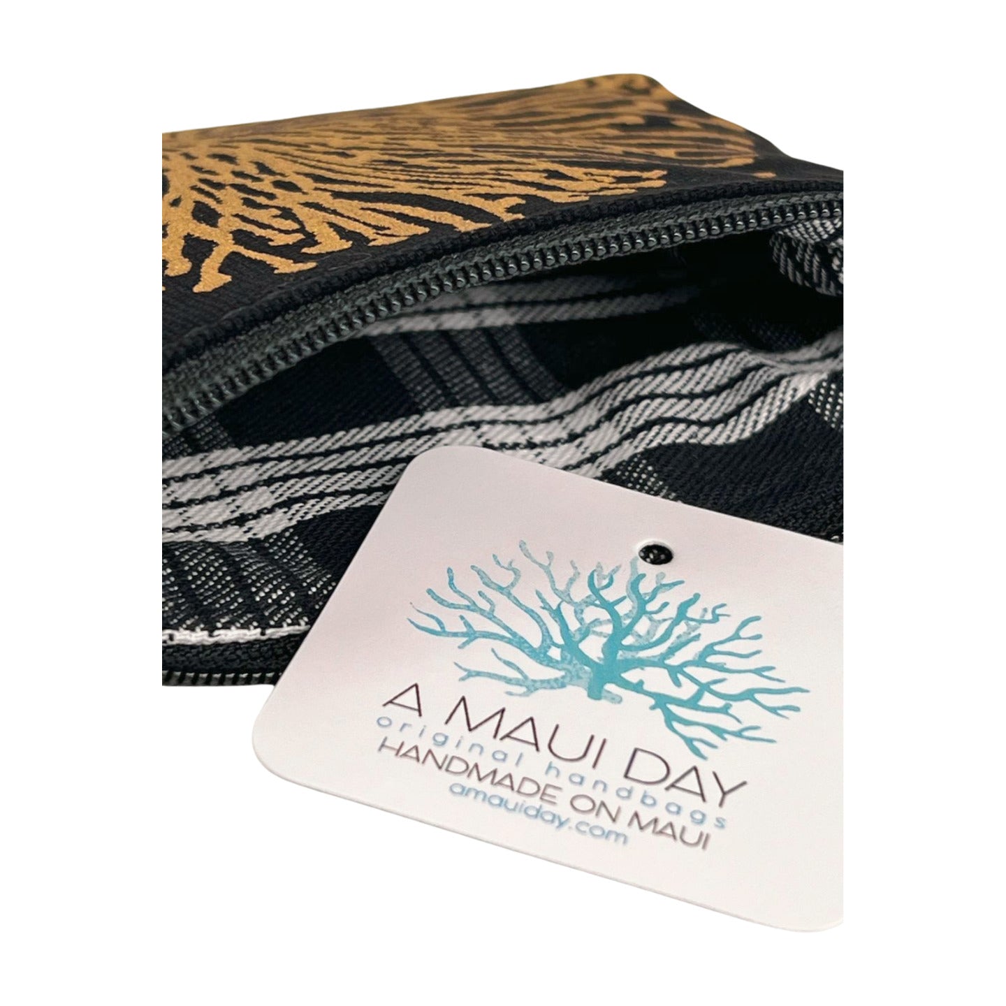 Pop-Up Mākeke - A Maui Day Original Handbags - Handprinted Mini Handbag - Gold ‘Ohi’a on Black Canvas - Inside