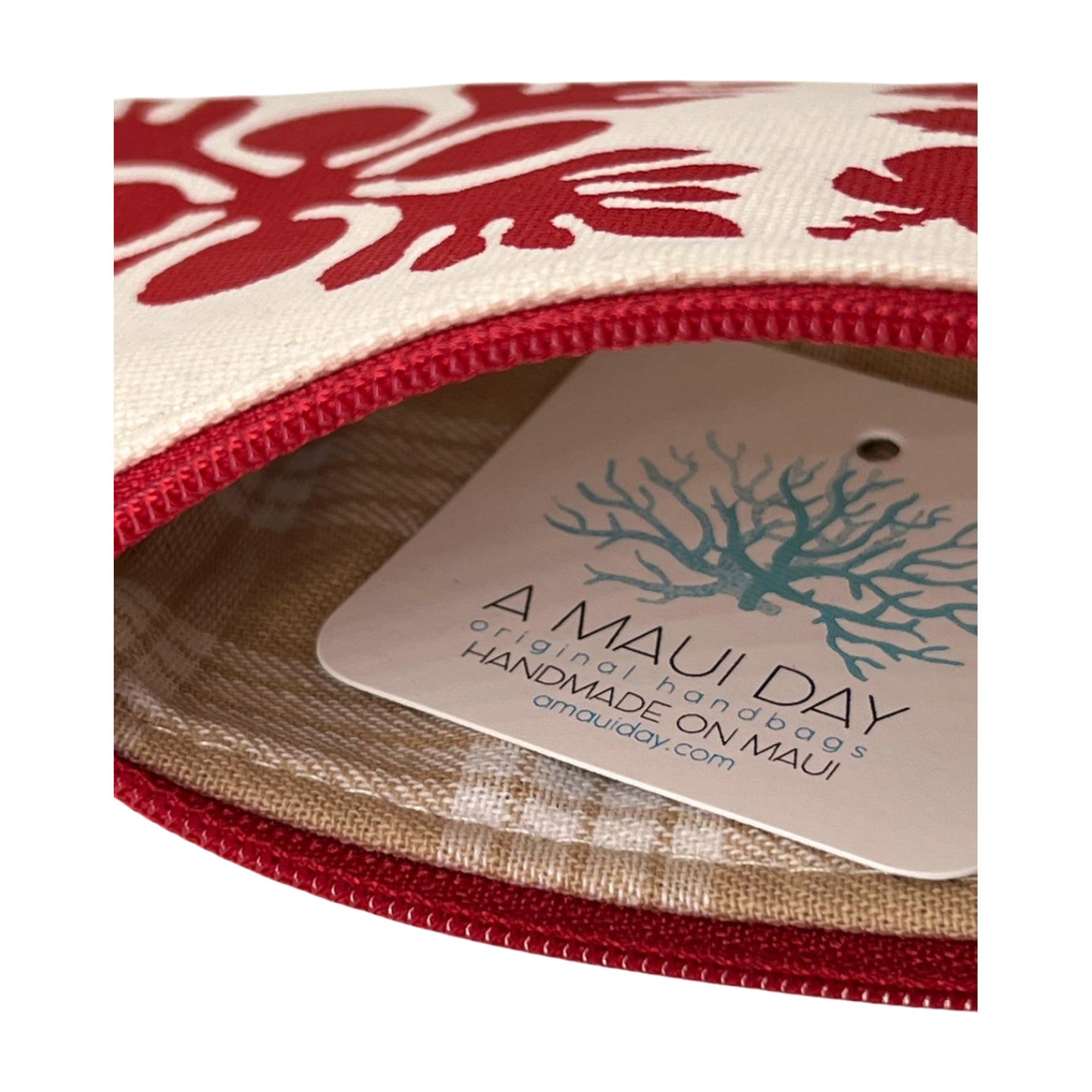 Pop-Up Mākeke - A Maui Day Original Handbags - Handprinted Mini Handbag - Red Quilt on Canvas - Inside