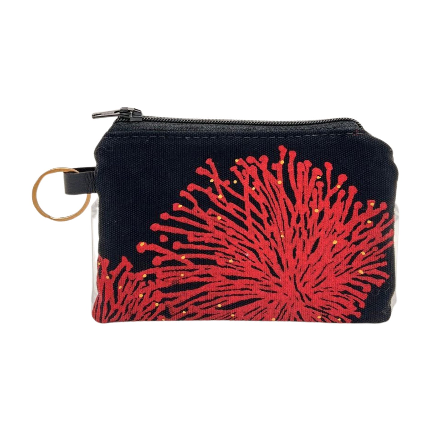 Pop-Up Mākeke - A Maui Day Original Handbags - Handprinted Mini Handbag - Red ‘Ohi’a on Black Canvas - Front View