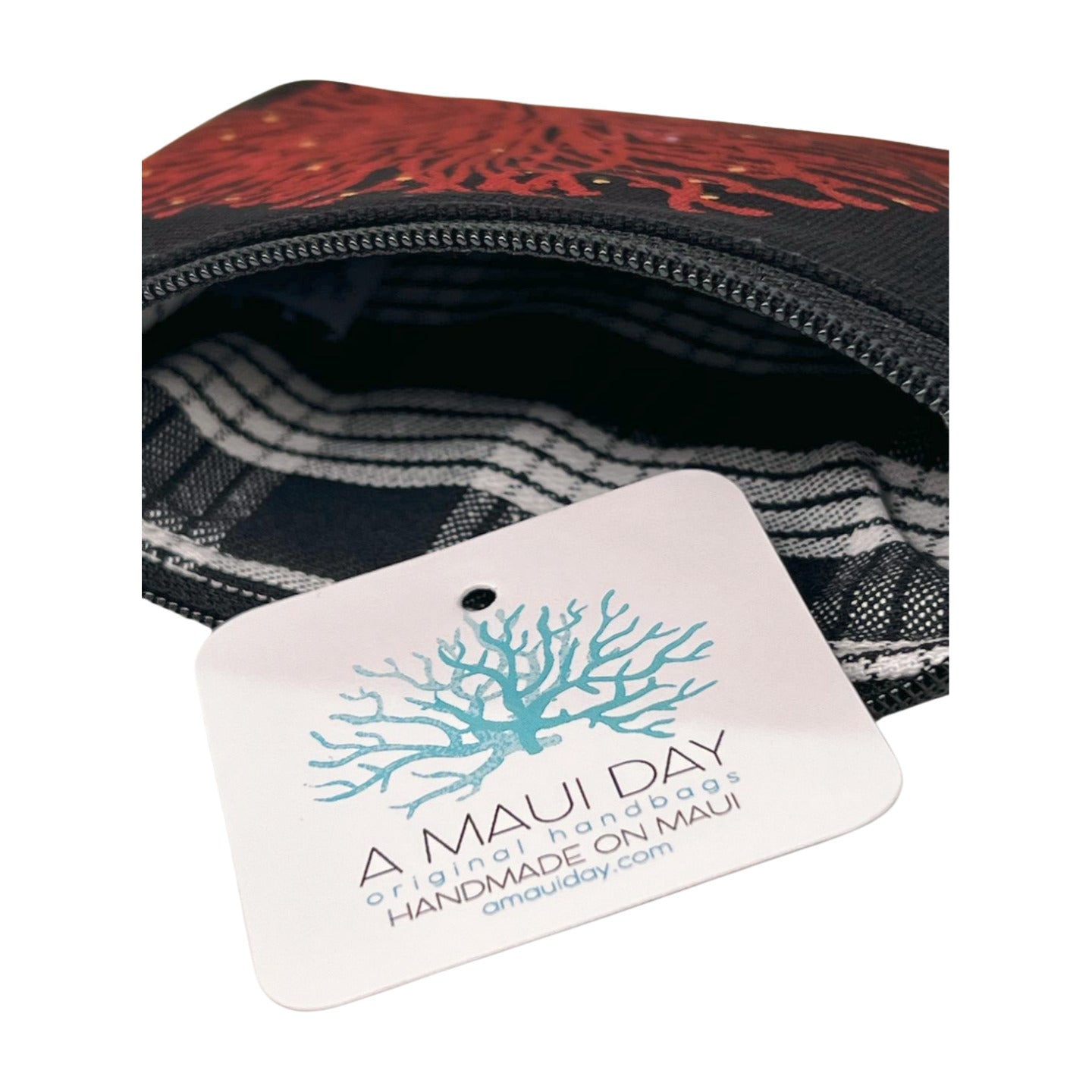 Pop-Up Mākeke - A Maui Day Original Handbags - Handprinted Mini Handbag - Red ‘Ohi’a on Black Canvas - Inside