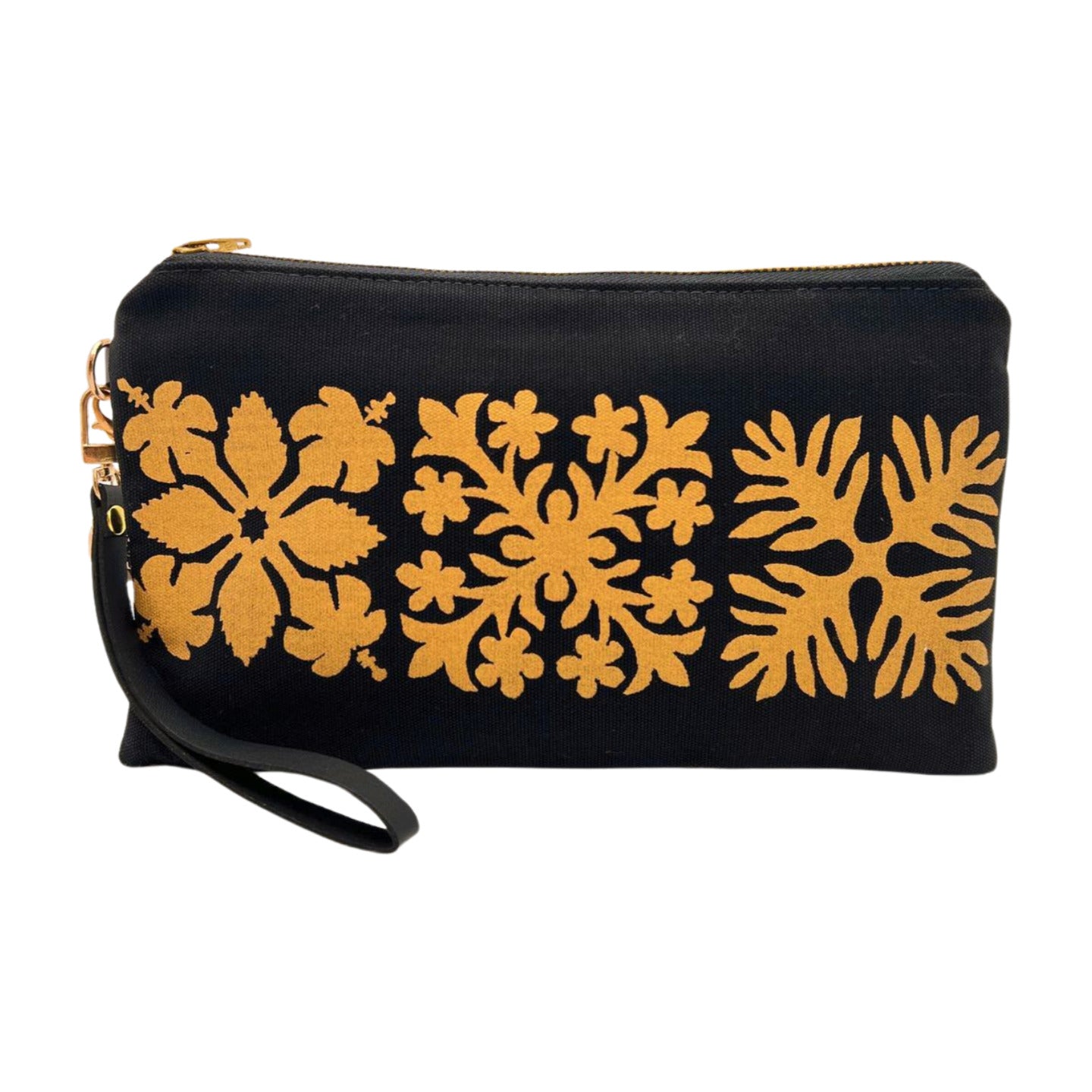 Pop-Up Mākeke - A Maui Day Original Handbags - Handprinted Small Handbag - Gold Quilt on Black Canvas - Front View