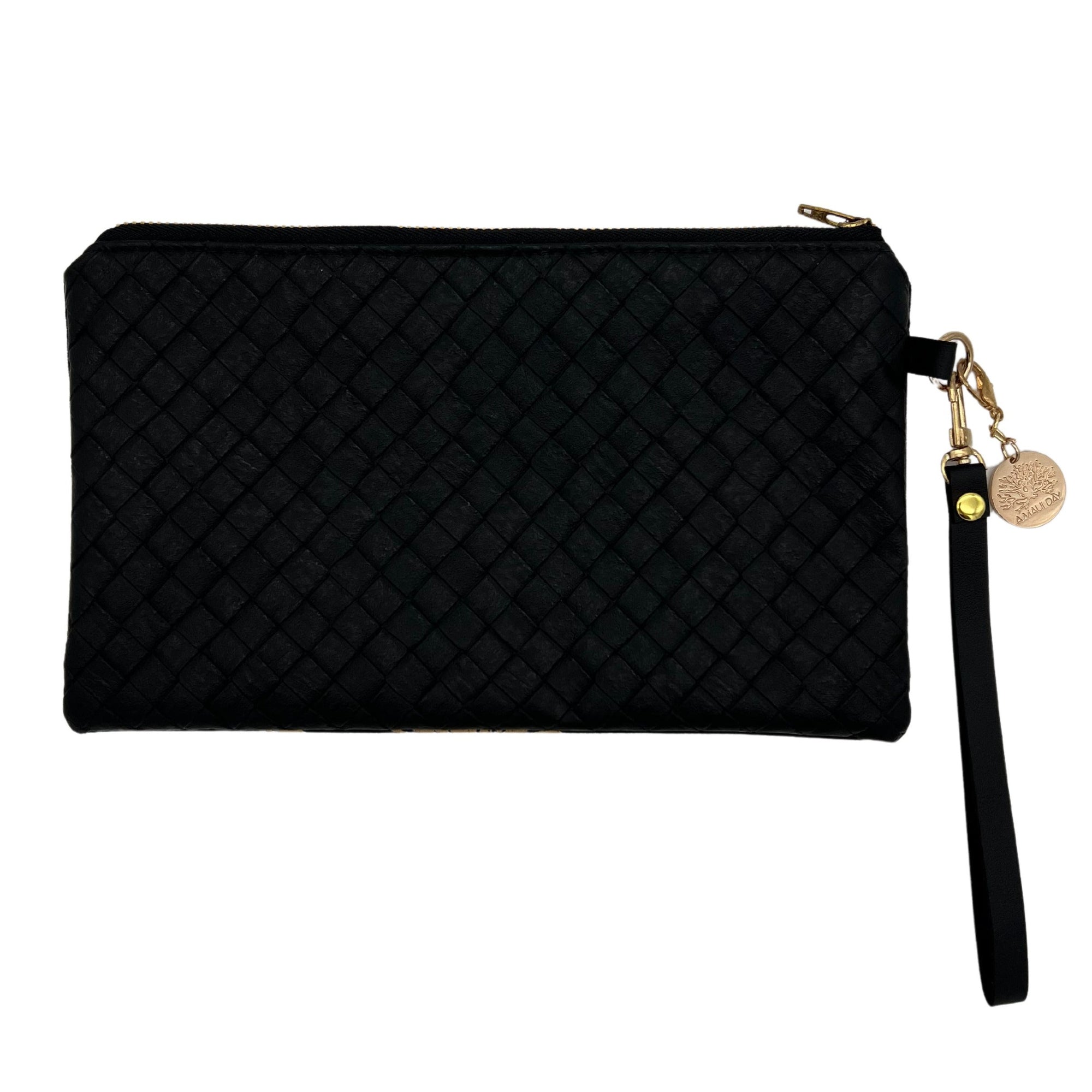 Pop-Up Mākeke - A Maui Day Original Handbags - Handprinted Small Handbag - Plumeria on Black Canvas - Back View