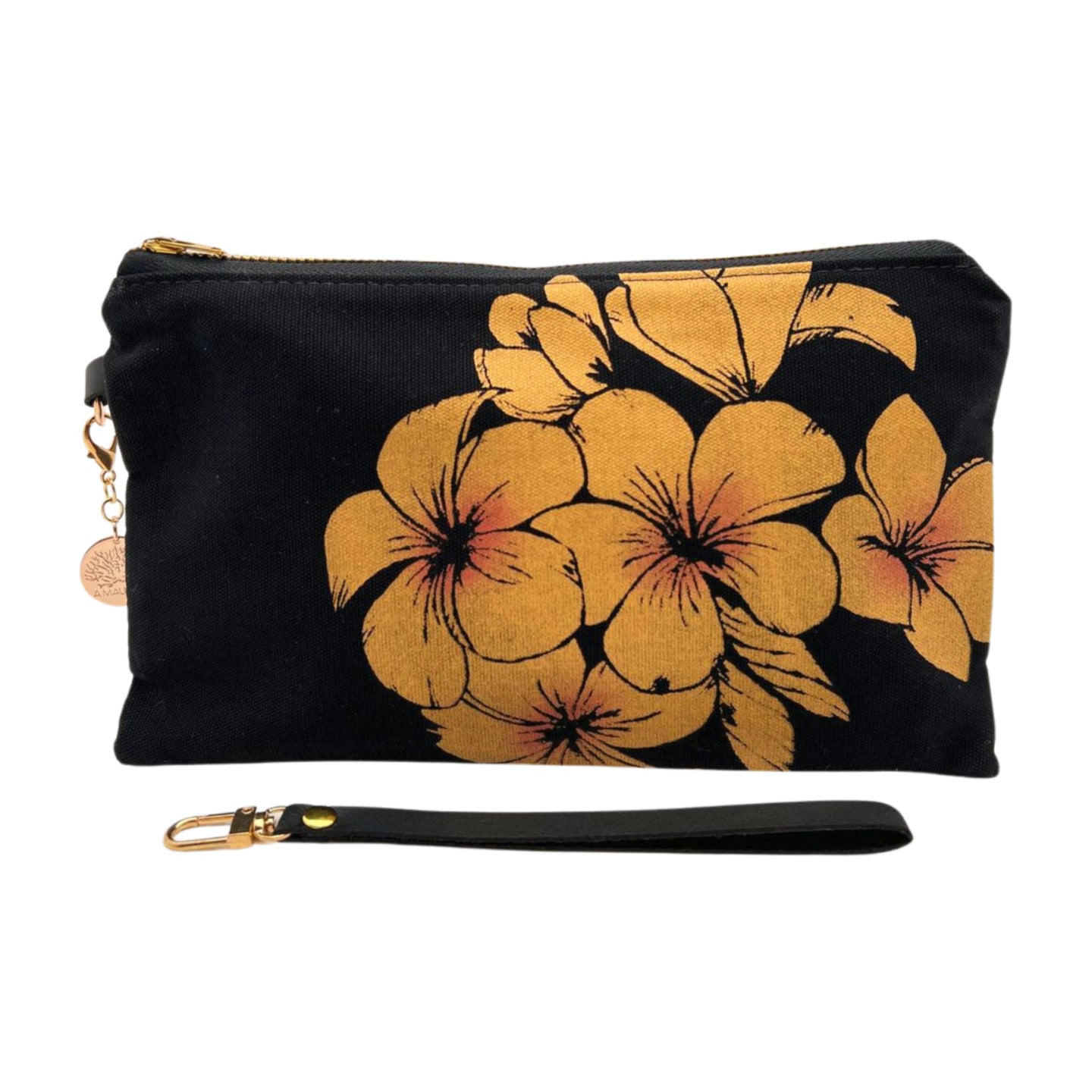 Pop-Up Mākeke - A Maui Day Original Handbags - Handprinted Small Handbag - Plumeria on Black Canvas - Front View - Strap Off