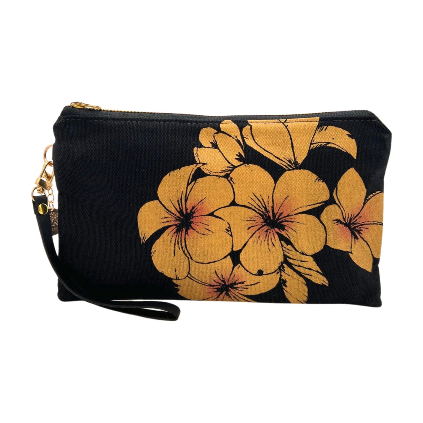 Pop-Up Mākeke - A Maui Day Original Handbags - Handprinted Small Handbag - Plumeria on Black Canvas - Front View