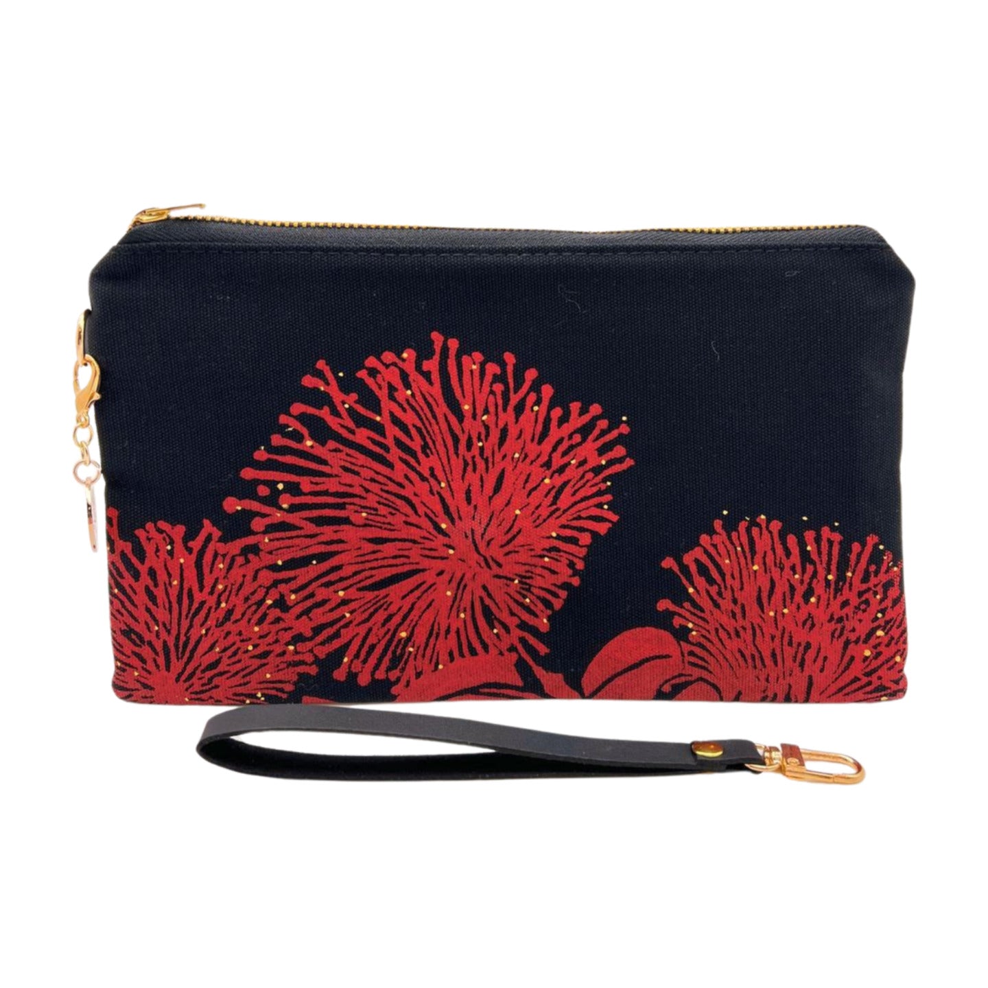 Pop-Up Mākeke - A Maui Day Original Handbags - Handprinted Small Handbag - Red 'Ohi'a on Black Canvas - Front View - Strap Off