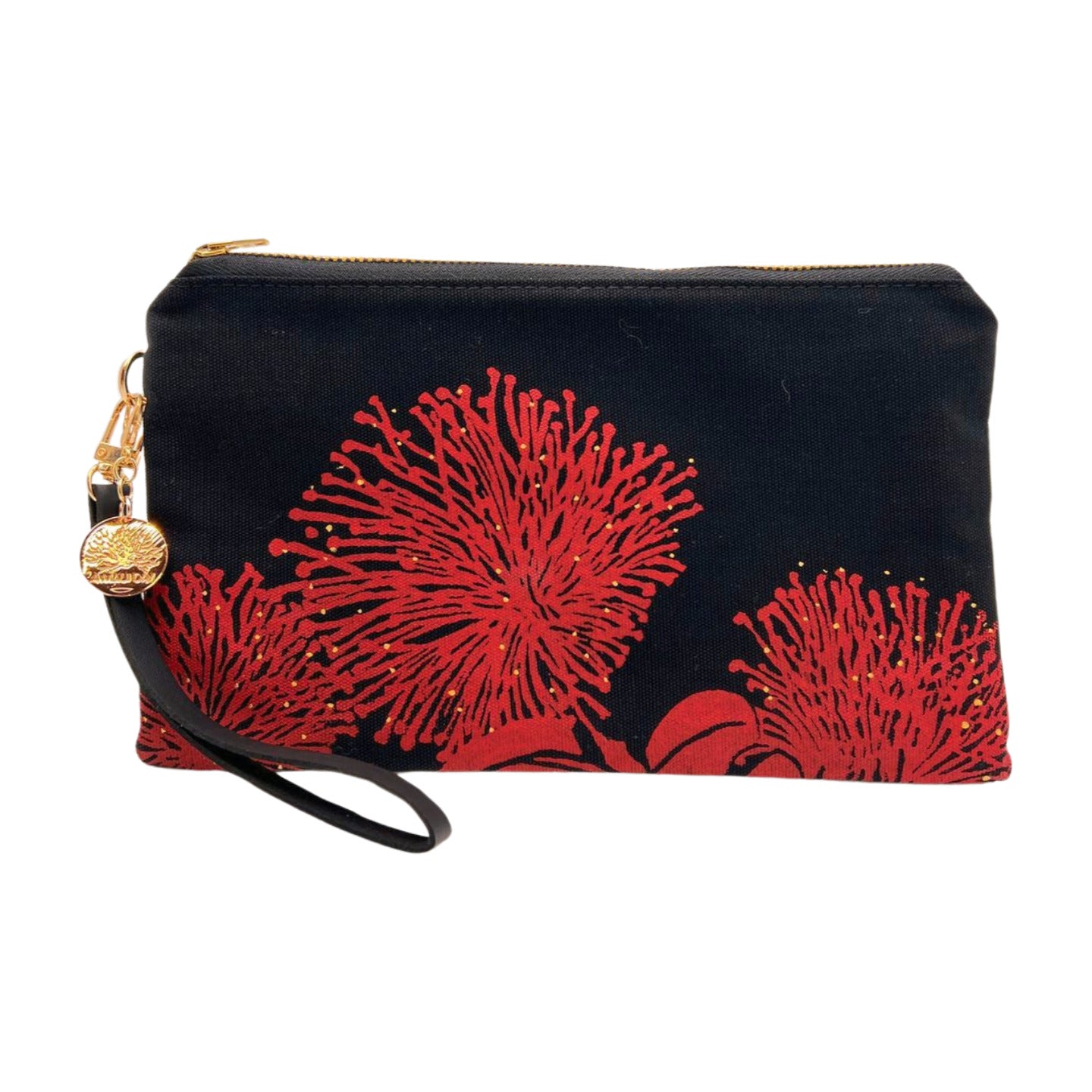 Pop-Up Mākeke - A Maui Day Original Handbags - Handprinted Small Handbag - Red 'Ohi'a on Black Canvas - Front View