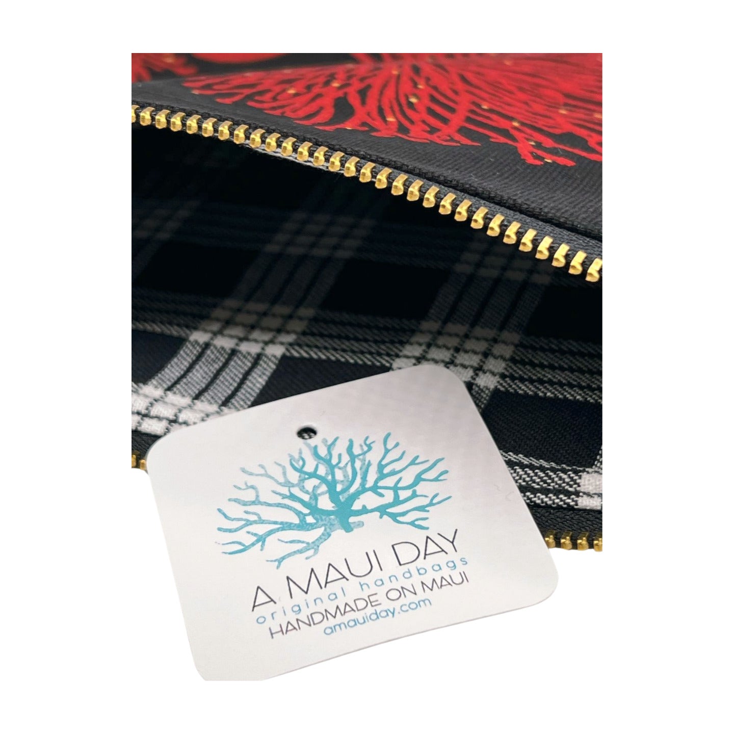 Pop-Up Mākeke - A Maui Day Original Handbags - Handprinted Small Handbag - Red 'Ohi'a on Black Canvas - Inside