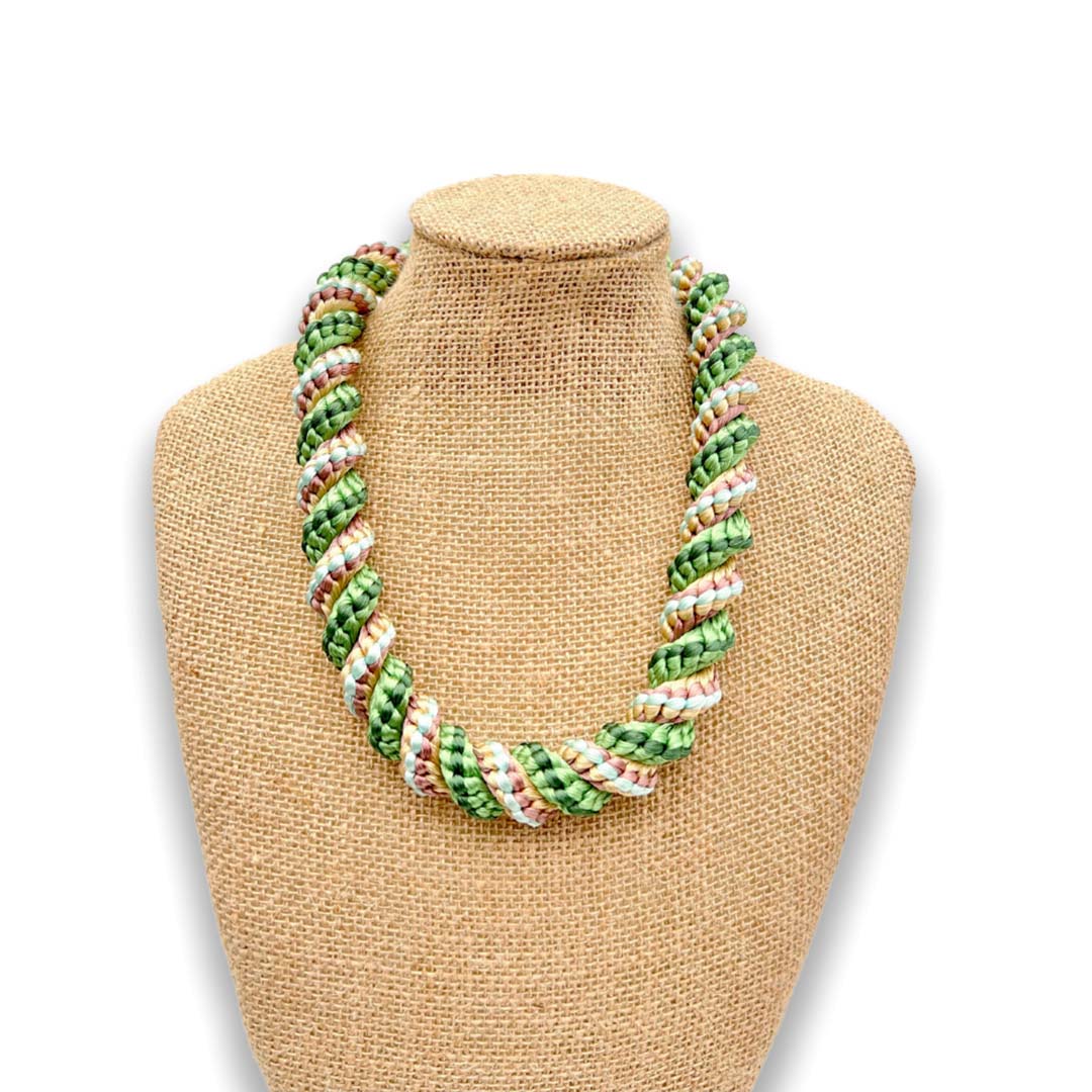 Pop-Up Mākeke - Akalei Designs - Green Toned &amp; Beige with Blue Center Lei Necklace &amp; Hat Band