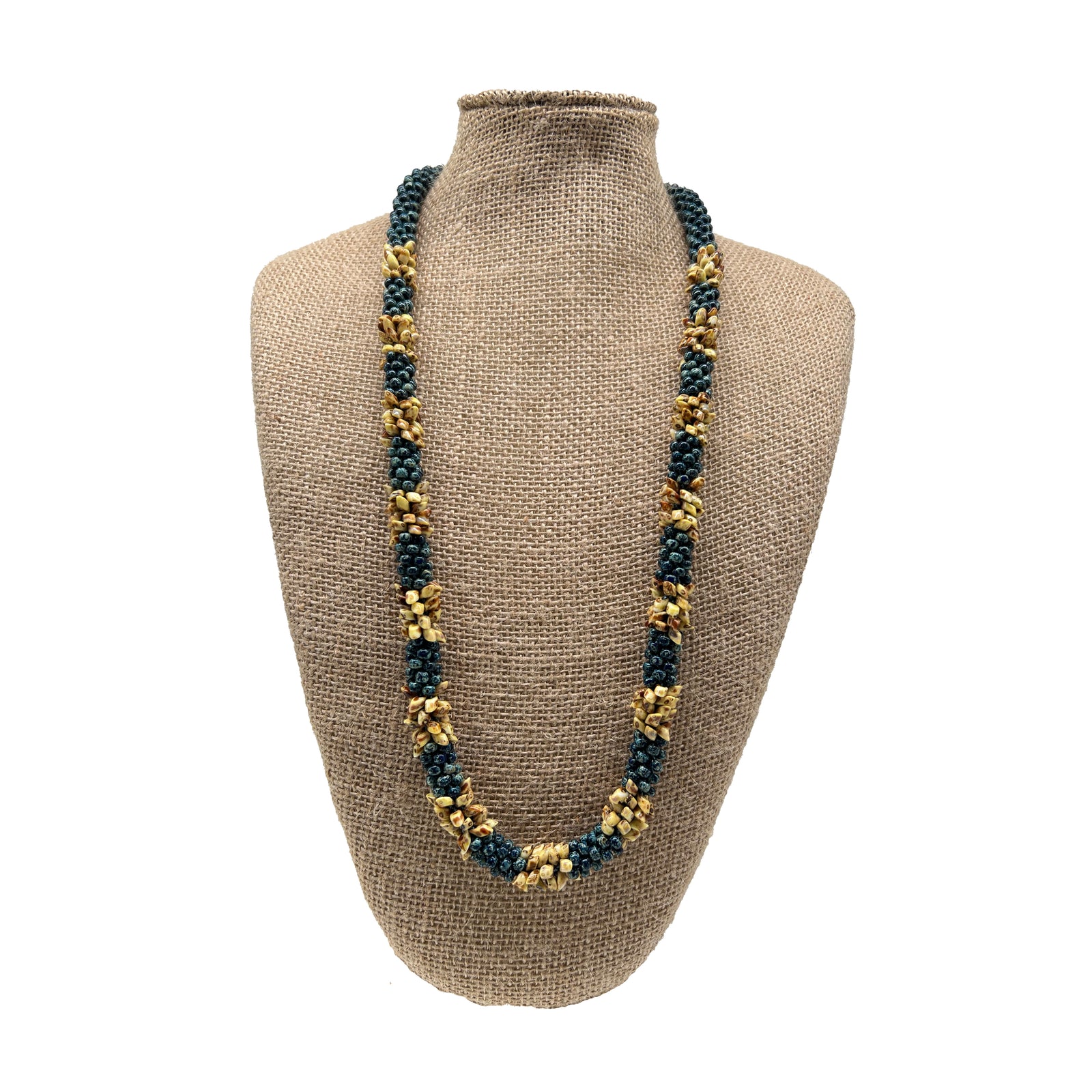 Pop-Up Mākeke - Akalei Designs - Island Inspired Cobalt Blue with Yellow Picasso Segmented Kumihimo Necklace Lei - 30in