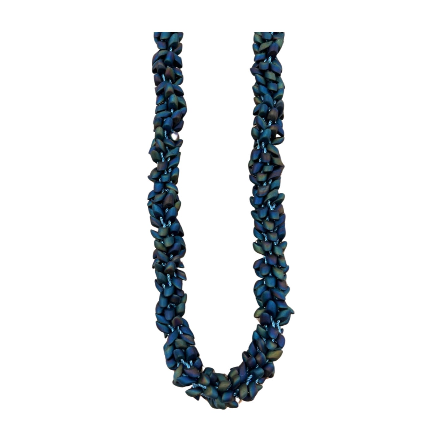 Pop-Up Mākeke - Akalei Designs - Matte Blue Rainbow Dragon Scales Necklace Lei - 32-33in - Close Up