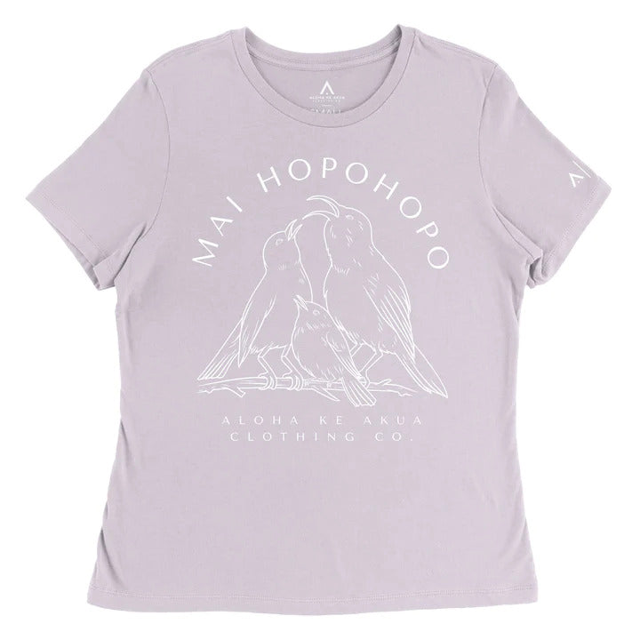 Pop-Up Mākeke - Aloha Ke Akua Clothing - Mai Hopohopo Women&#39;s Short Sleeve T-Shirt - Lavender Dust - Front View