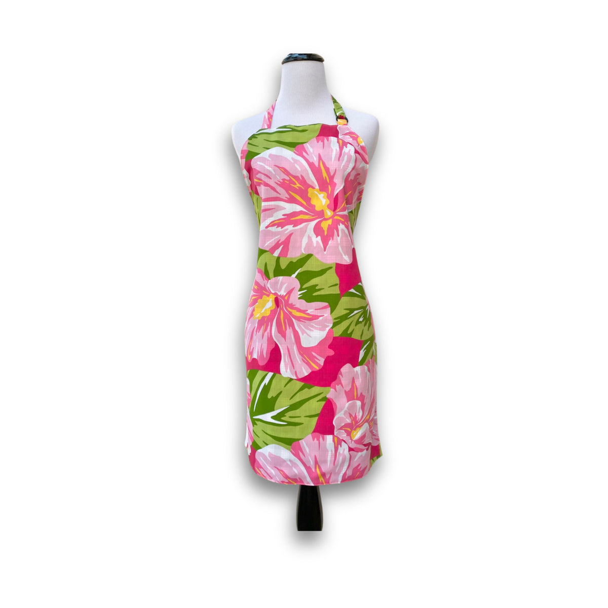 Pop-Up Mākeke - Crystal Rose Label - Holiday Local Print Reversible Apron - Pink Hibiscus - Front View