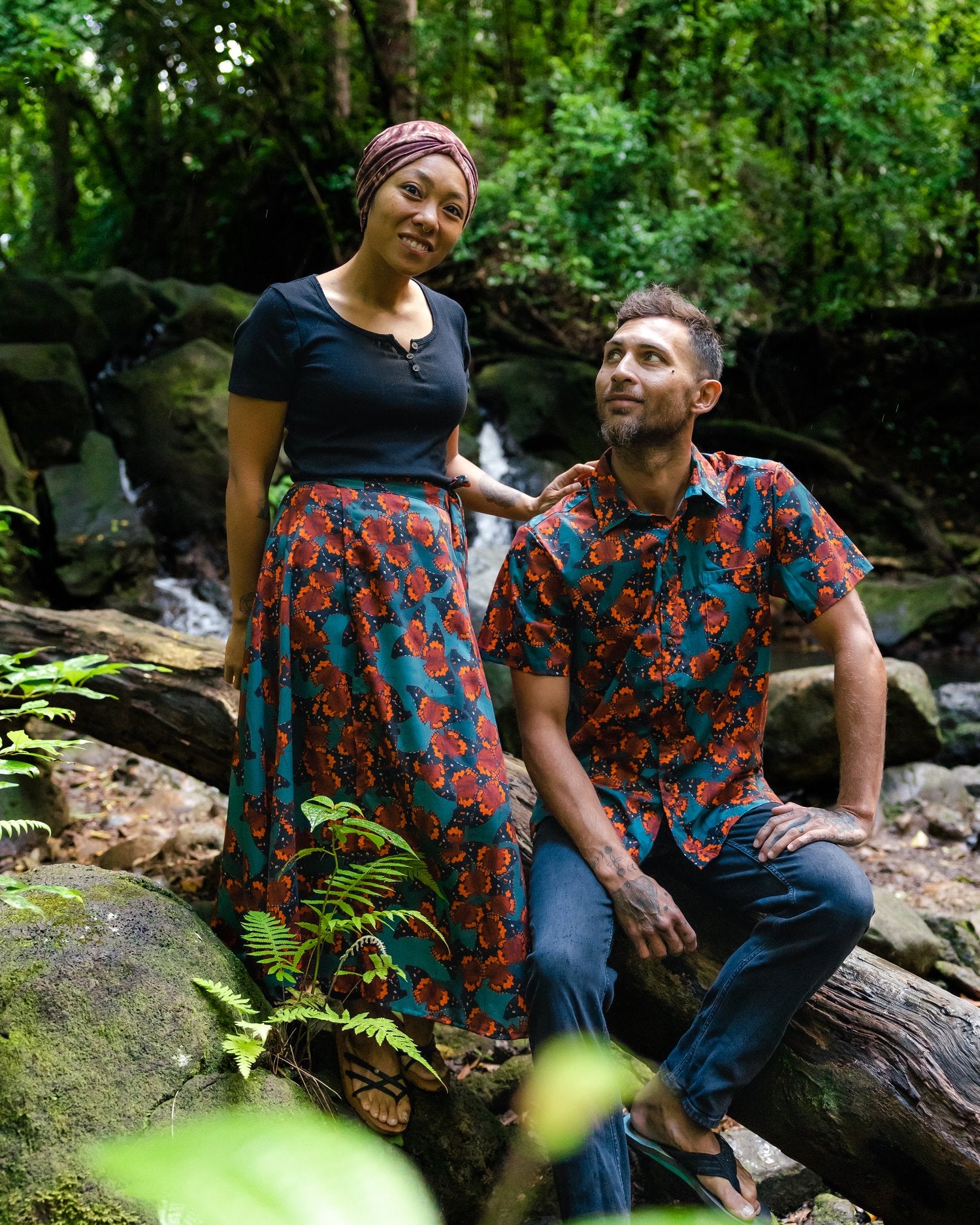 Pop-Up Mākeke - David Shepard Hawaii - Kamehameha Butterflies Women's Midi Wrap Skirt - With Male Model