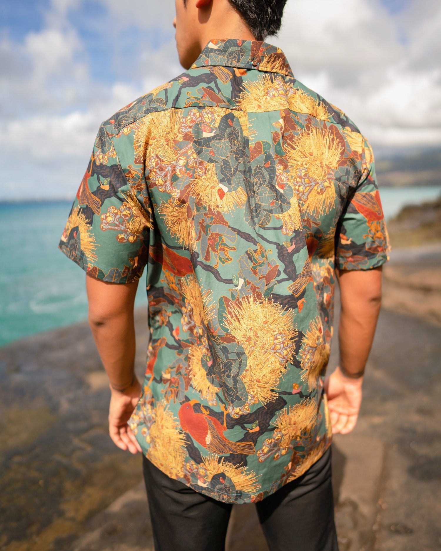 Pop-Up Mākeke - David Shepard Hawaii - Kaniakapūpū Lehua Mamo Green Aloha Shirt - Back View