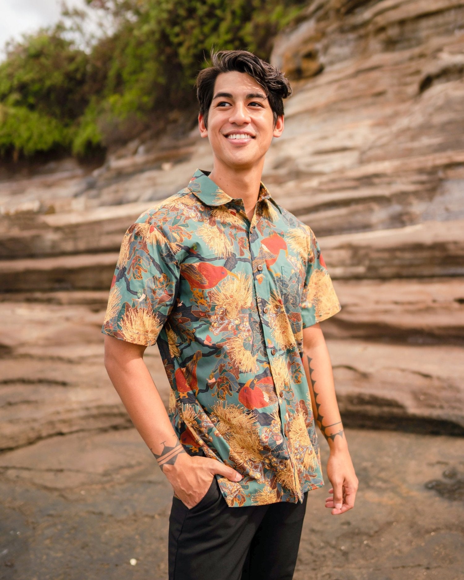 Pop-Up Mākeke - David Shepard Hawaii - Kaniakapūpū Lehua Mamo Green Aloha Shirt