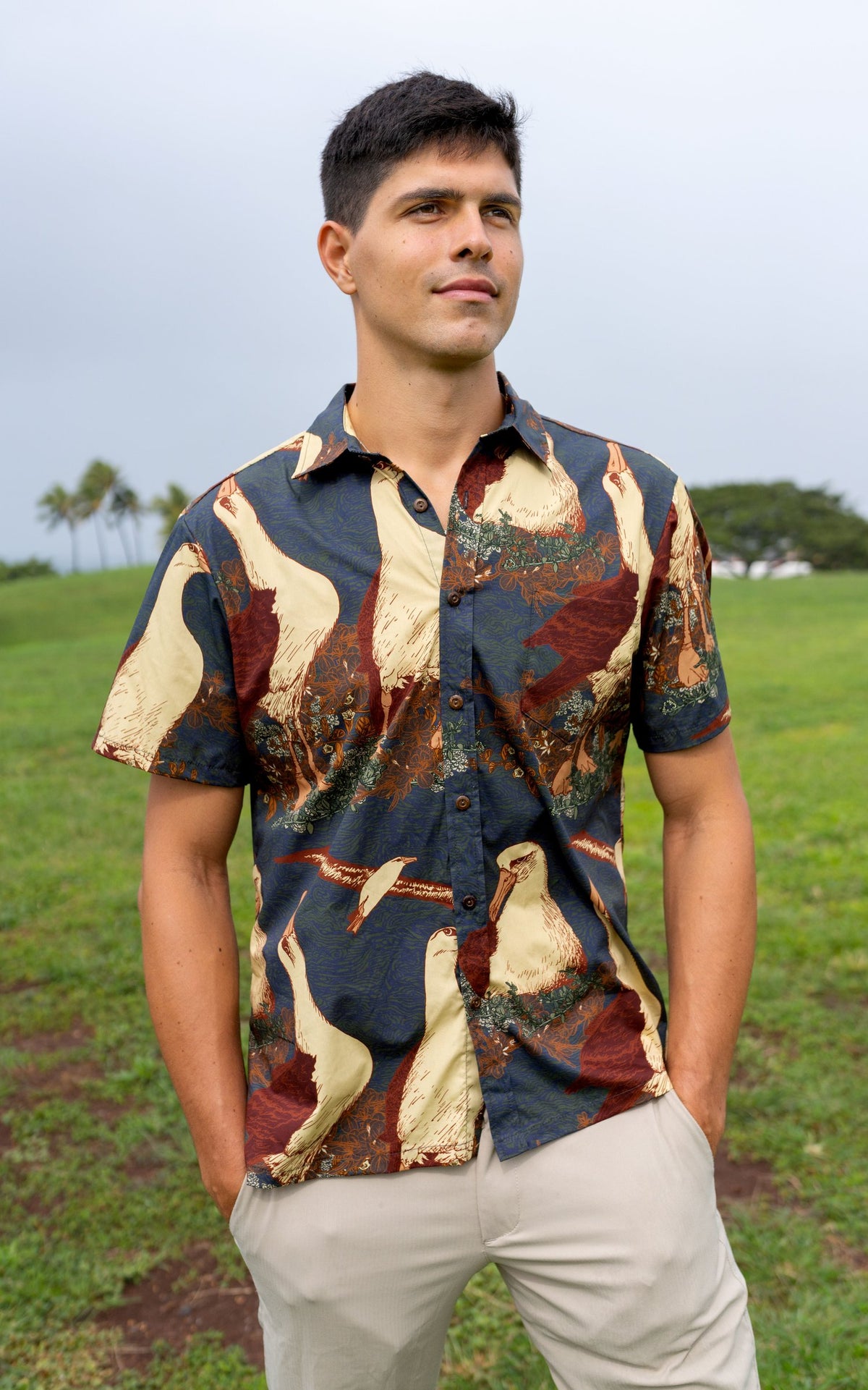 Pop-Up Mākeke - David Shepard Hawaii - Nesting Albatross Men&#39;s Aloha Shirt