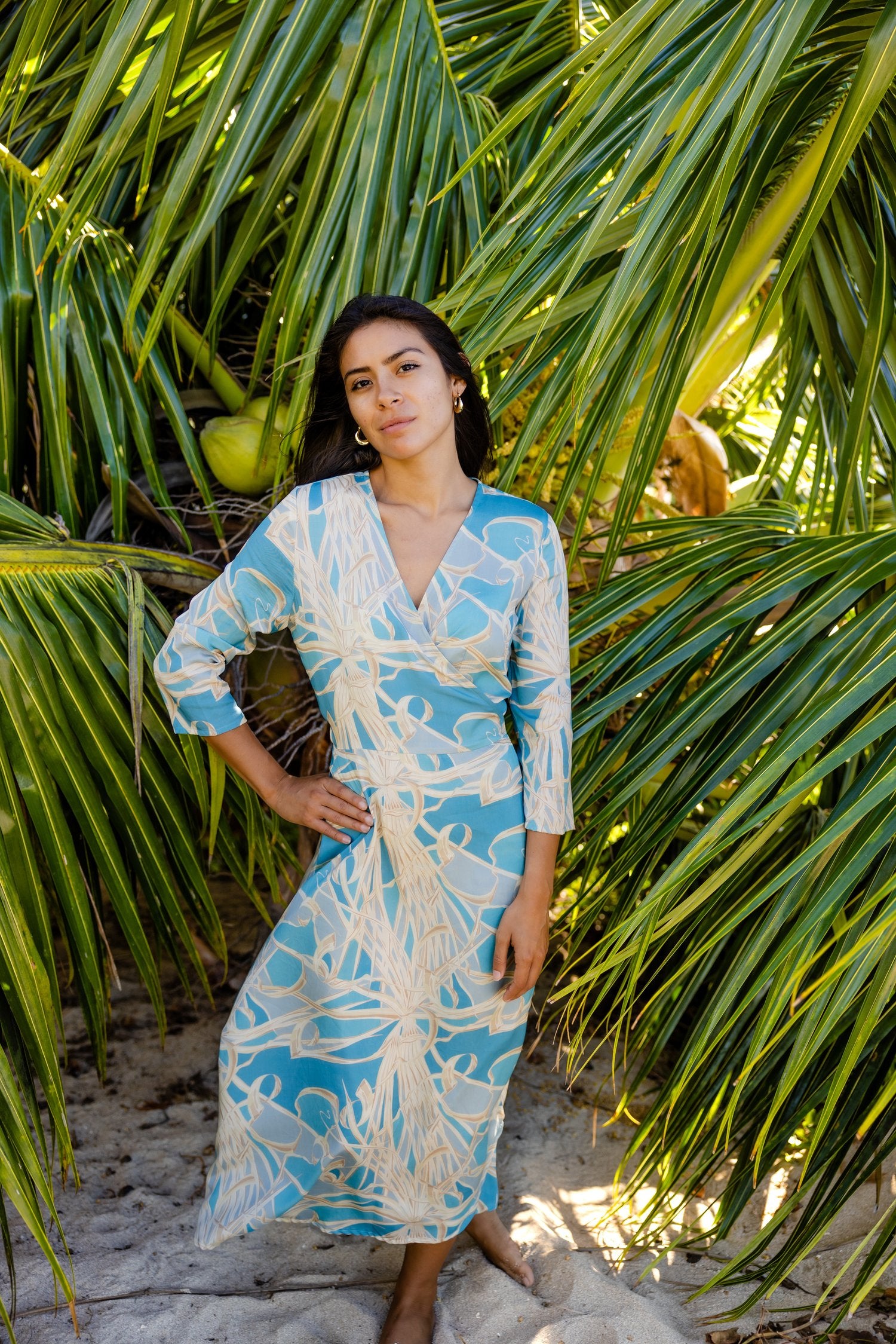Pop-Up Mākeke - David Shepard Hawaii - Sky Blue Lau Hala Women's Midi Wrap Dress - Front View