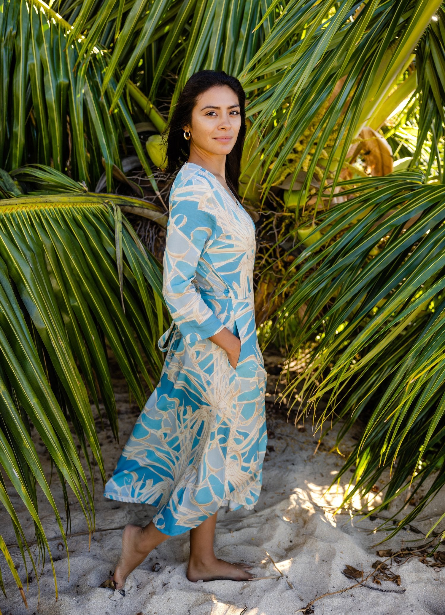 Pop-Up Mākeke - David Shepard Hawaii - Sky Blue Lau Hala Women's Midi Wrap Dress - Side View