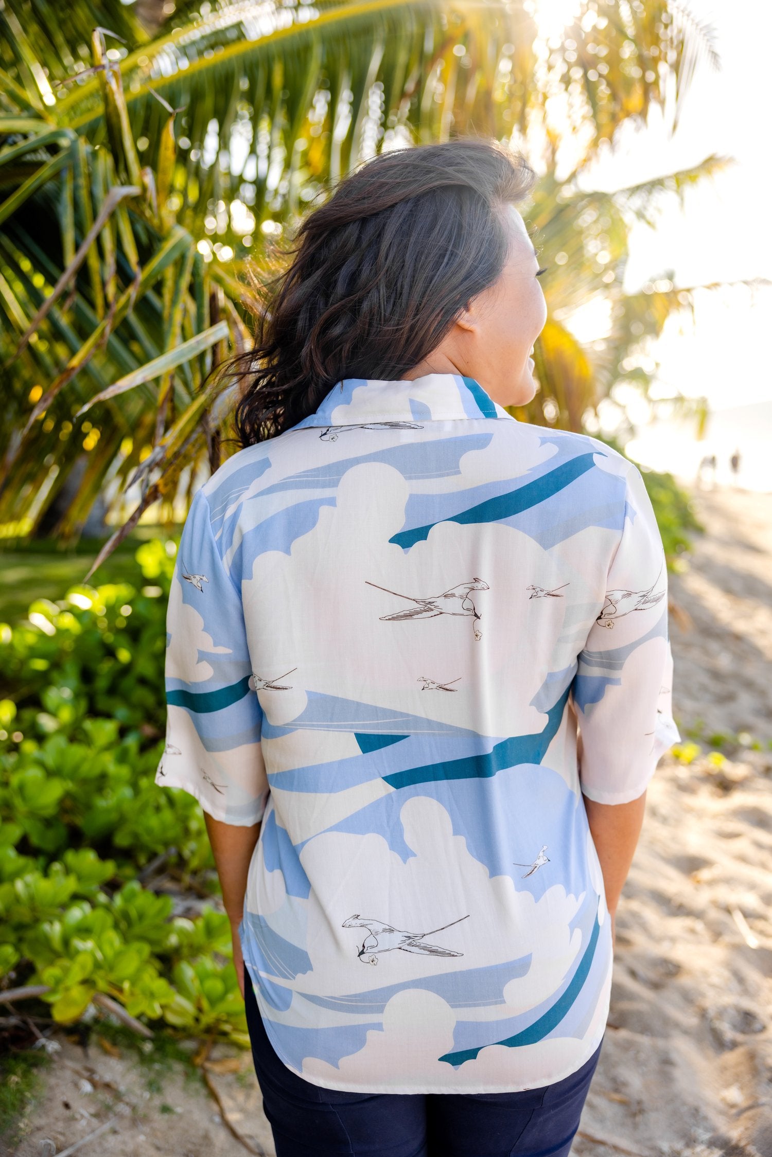 Pop-Up Mākeke - David Shepard Hawaii - Soaring Koa'Kea Women's Half Sleeve Aloha Shirt - Back View
