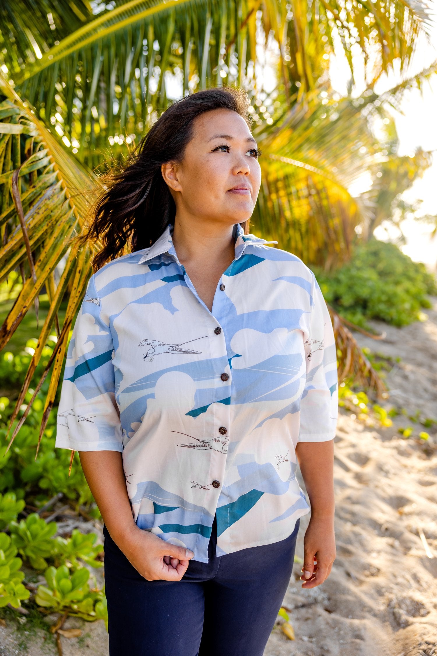 Pop-Up Mākeke - David Shepard Hawaii - Soaring Koa'Kea Women's Half Sleeve Aloha Shirt - Front View