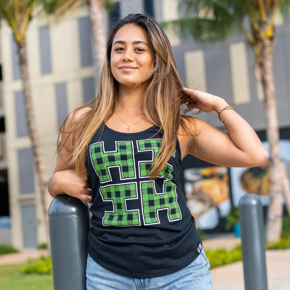 Pop-Up Mākeke - Hawaii&#39;s Finest - Plaid Green Logo Women&#39;s Tank Top - Front View