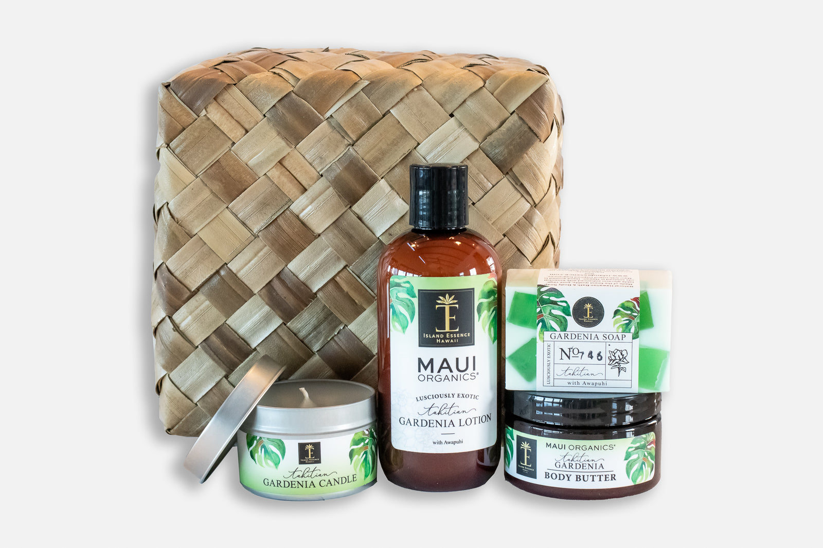 Pop-Up Mākeke - Island Essence - Maui Organics Lauhala Gift Collection - Tahitian Gardenia - Front View