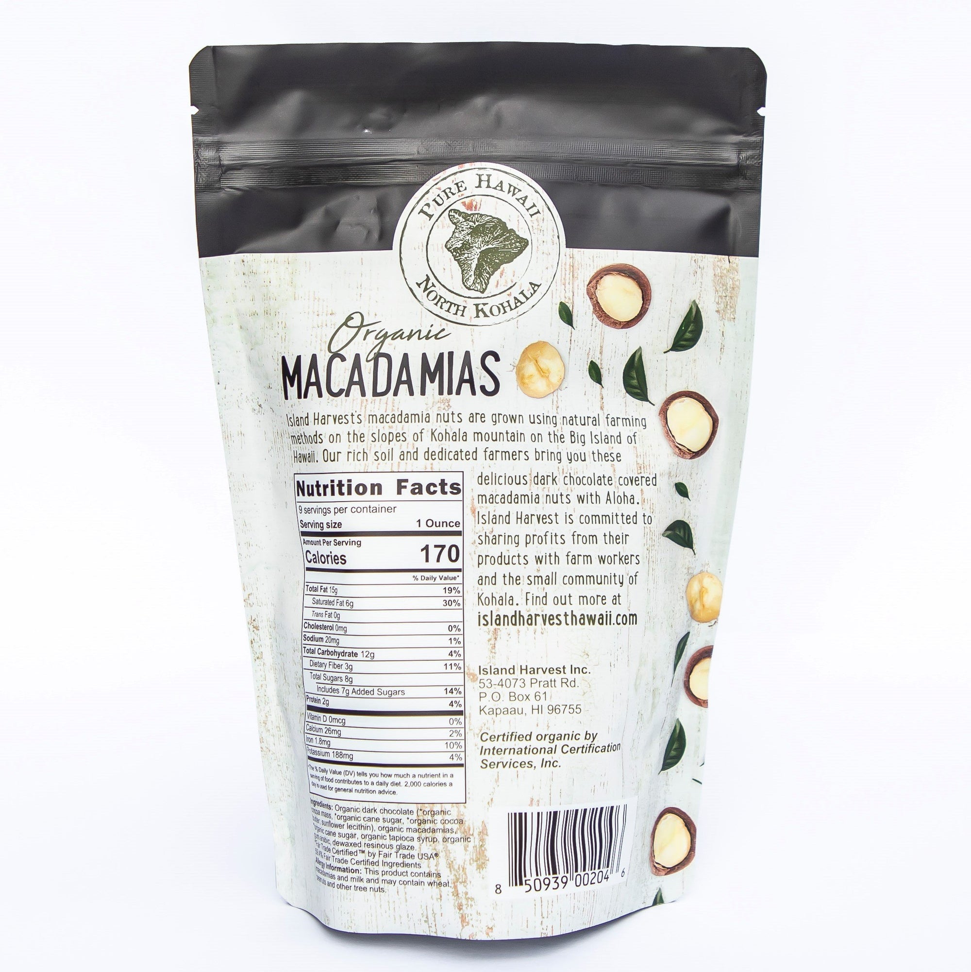 Pop-Up Mākeke - Island Harvest - Organic Macadamia Nuts Covered in Dark Chocolate - Back View