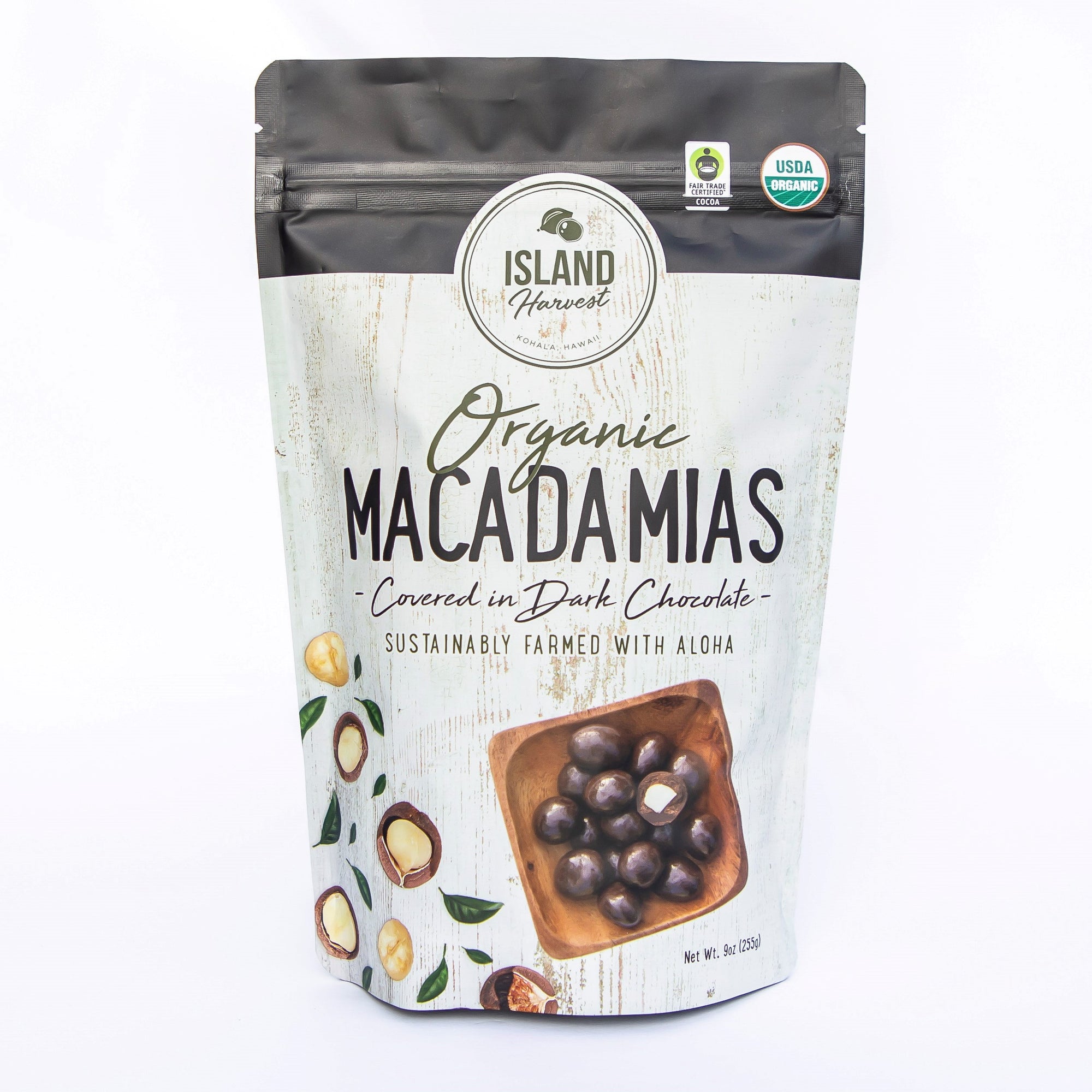 Pop-Up Mākeke - Island Harvest - Organic Macadamia Nuts Covered in Dark Chocolate - Front View
