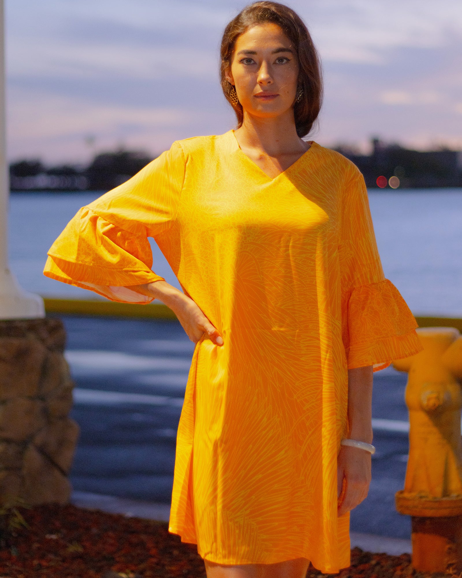 Pop-Up Mākeke - Kini Zamora - Silversword Flare Sleeve Tunic Dress - Yellow - Front View