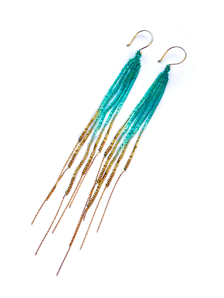 Pop-Up Mākeke - Maui Swan Designs - 6” Glass beaded earrings with 14k Gold filled beads & chain fringe - Green