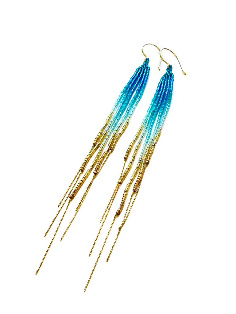Pop-Up Mākeke - Maui Swan Designs - 6” Glass beaded earrings with 14k Gold filled beads &amp; chain fringe - Teal
